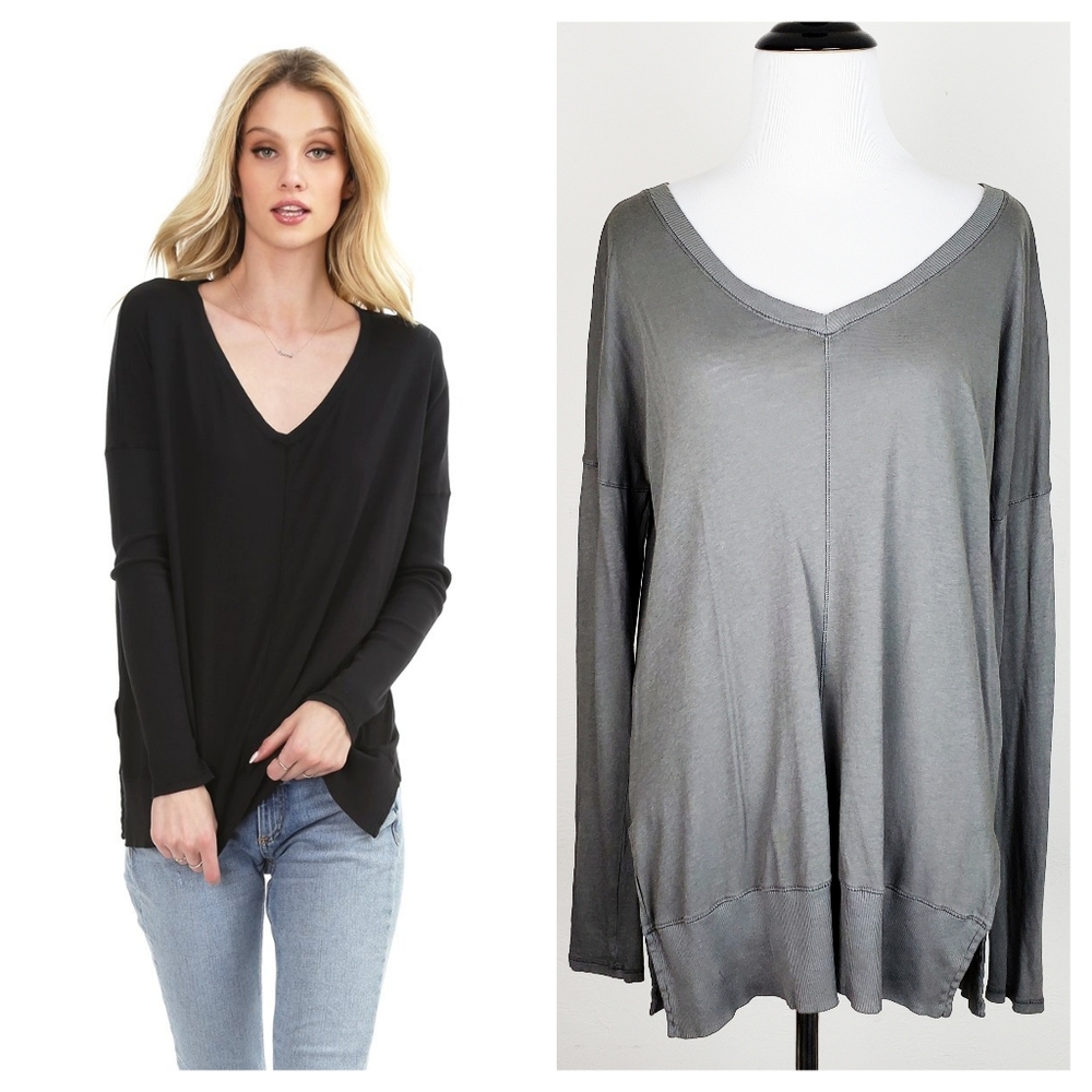 Bobi Revolve Rib Mix Long Sleeve Tee Knit Minimalist Slouchy Neutral Gray Boho
